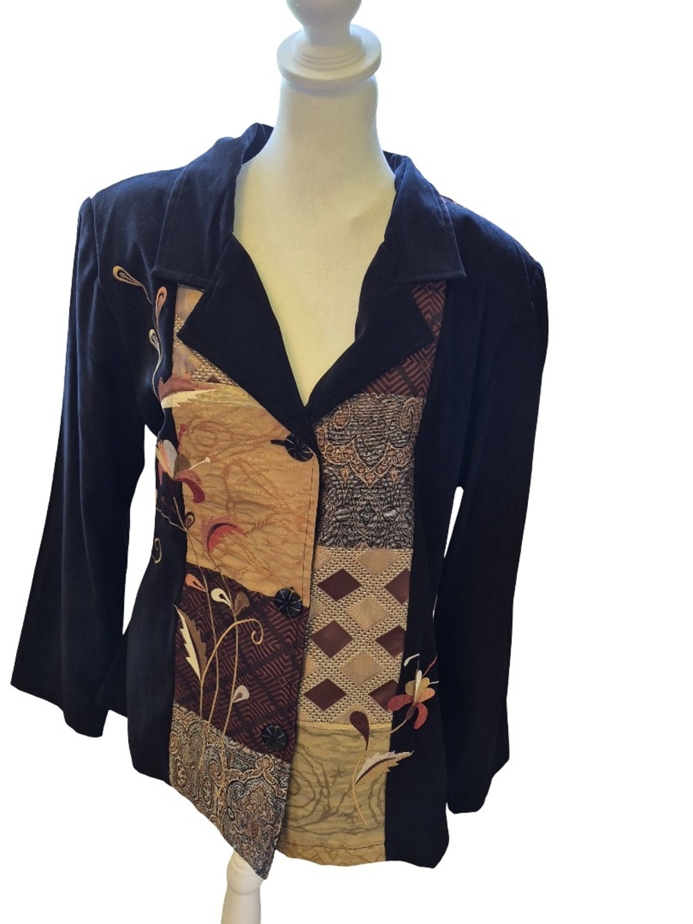 NWT Indigo Moon Patchwork Velvet Blazer with Floral Panels - Black/Tan/Brown